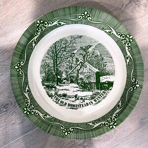 ROYAL "THE OLD HOMESTEAD IN WINTER" GREEN TRANSFER 10" PIE PLATE CURRIER & IVES